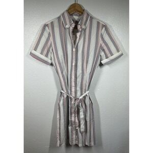 Ben Sherman Shirt Womens Medium White Red Blue GR9001 Belted Button Dress‎ Mod